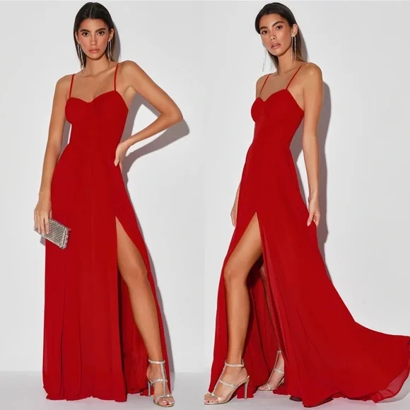 Lulus Cause for Commotion Red Pleated Bustier Maxi Dress